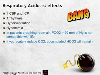 Respiratory Acidosis: effects
 CBF and ICP
Arrhythmia
Hyperventilation
Hypoxemia
In patients breathing room air, PCO2 > 90 mm of Hg is not
compatible with life
If you acutely reduce CO2: accumulated HCO3 will remain
Facebook page: Anesthesia Info from The
 