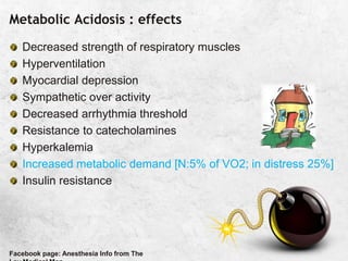 Metabolic Acidosis : effects
Decreased strength of respiratory muscles
Hyperventilation
Myocardial depression
Sympathetic over activity
Decreased arrhythmia threshold
Resistance to catecholamines
Hyperkalemia
Increased metabolic demand [N:5% of VO2; in distress 25%]
Insulin resistance
Facebook page: Anesthesia Info from The
 