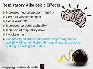 Respiratory Alkalosis : Effects
Increased neuromuscular irritability
Cerebral vasoconstriction
Decreased ICP
Increased cerebral excitability
Inhibition of respiratory drive
Hypokalemia
Respiratory alkalosis + abnormal respiratory muscle
activity? High ventilatory demand cautious decision
making regarding extubation
Facebook page: Anesthesia Info from The
 