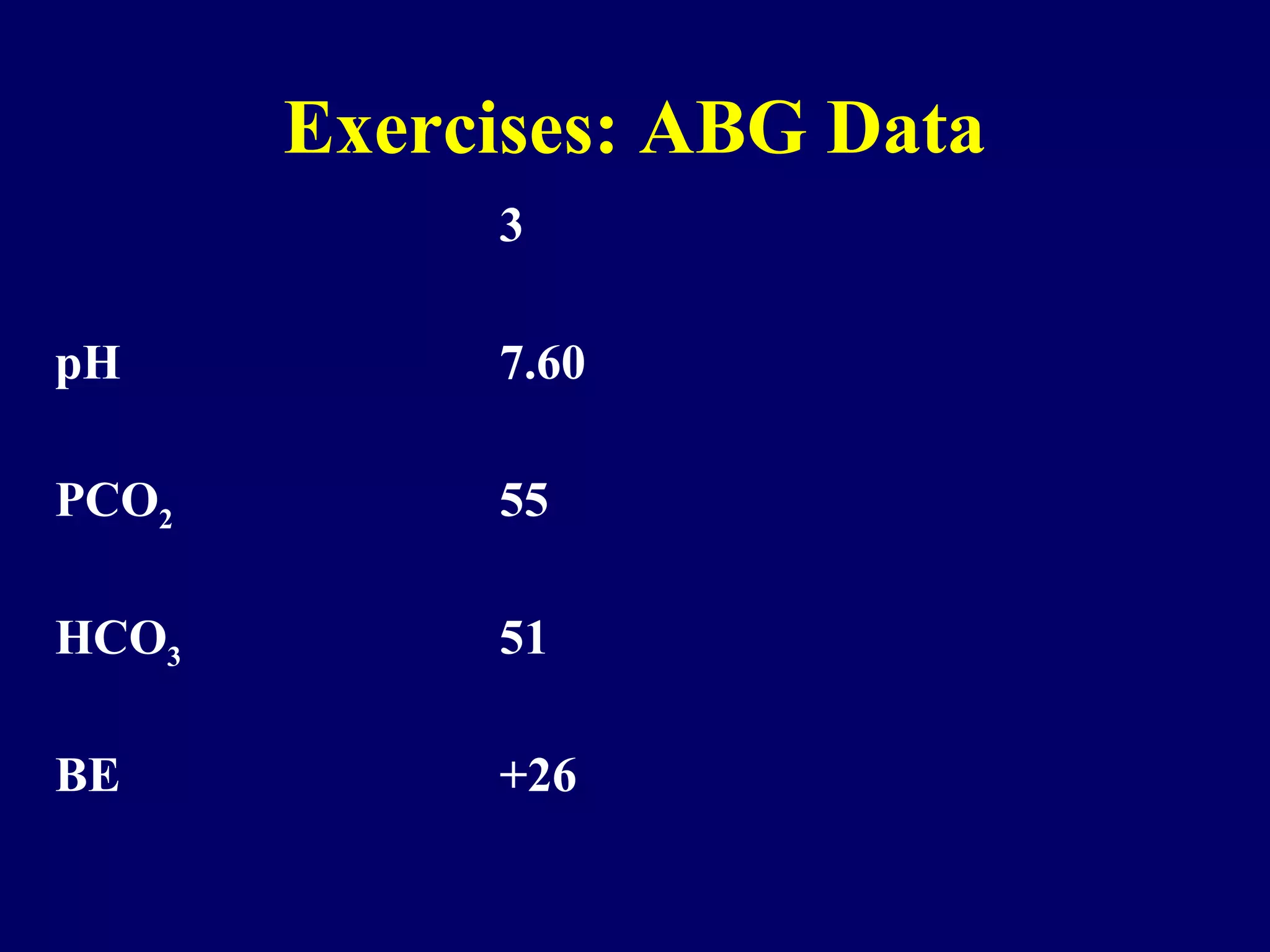 Exercises: ABG Data
1 2 3 4 5 6 7
pH 7.26 7.52 7.60 7.44 7.38 7.20 7.56
PCO2 56 28 55 24 76 25 44
HCO3 24 22 51 16 42 9 38
BE -4 +1 +26 -6 +14 -17 +14
 