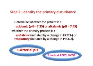1.Arterial pH
2.Look at PCO2, HCO3
 