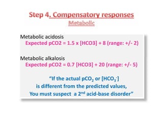 Metabolic acidosis
Expected pCO2 = 1.5 x [HCO3] + 8 (range: +/- 2)
Metabolic alkalosis
Expected pCO2 = 0.7 [HCO3] + 20 (range: +/- 5)
“If the actual pCO2 or [HCO3
-]
is different from the predicted values,
You must suspect a 2nd acid-base disorder”
Metabolic acidosis
Expected pCO2 = 1.5 x [HCO3] + 8 (range: +/- 2)
Metabolic alkalosis
Expected pCO2 = 0.7 [HCO3] + 20 (range: +/- 5)
“If the actual pCO2 or [HCO3
-]
is different from the predicted values,
You must suspect a 2nd acid-base disorder”
 