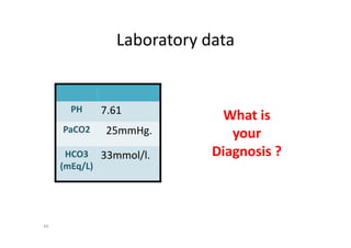 Laboratory data
PH 7.61
PaCO2 25mmHg.
What is
your
Diagnosis ?
PaCO2 25mmHg.
HCO3
(mEq/L)
33mmol/l.
49
What is
your
Diagnosis ?
 