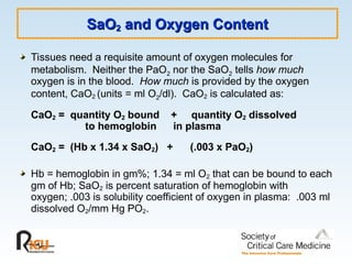 SaO
SaO2
2 and Oxygen Content
and Oxygen Content
Tissues need a requisite amount of oxygen molecules for
metabolism. Neither the PaO2 nor the SaO2 tells how much
oxygen is in the blood. How much is provided by the oxygen
content, CaO2 (units = ml O2/dl). CaO2 is calculated as:
CaO2 = quantity O2 bound + quantity O2 dissolved
to hemoglobin in plasma
CaO2 = (Hb x 1.34 x SaO2) + (.003 x PaO2)
Hb = hemoglobin in gm%; 1.34 = ml O2 that can be bound to each
gm of Hb; SaO2 is percent saturation of hemoglobin with
oxygen; .003 is solubility coefficient of oxygen in plasma: .003 ml
dissolved O2/mm Hg PO2.
 