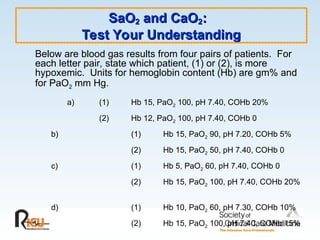 SaO
SaO2
2 and CaO
and CaO2
2:
:
Test Your Understanding
Test Your Understanding
Below are blood gas results from four pairs of patients. For
each letter pair, state which patient, (1) or (2), is more
hypoxemic. Units for hemoglobin content (Hb) are gm% and
for PaO2 mm Hg.
a) (1) Hb 15, PaO2 100, pH 7.40, COHb 20%
(2) Hb 12, PaO2 100, pH 7.40, COHb 0
b) (1) Hb 15, PaO2 90, pH 7.20, COHb 5%
(2) Hb 15, PaO2 50, pH 7.40, COHb 0
c) (1) Hb 5, PaO2 60, pH 7.40, COHb 0
(2) Hb 15, PaO2 100, pH 7.40, COHb 20%
d) (1) Hb 10, PaO2 60, pH 7.30, COHb 10%
(2) Hb 15, PaO2 100, pH 7.40, COHb 15%
 