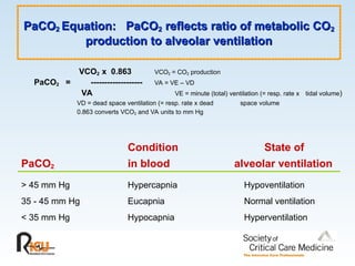 PaCO
PaCO2
2 Equation: PaCO
Equation: PaCO2
2 reflects ratio of metabolic CO
reflects ratio of metabolic CO2
2
production to alveolar ventilation
production to alveolar ventilation
VCO2 x 0.863 VCO2 = CO2 production
PaCO2 = ------------------- VA = VE – VD
VA VE = minute (total) ventilation (= resp. rate x tidal volume)
VD = dead space ventilation (= resp. rate x dead space volume
0.863 converts VCO2 and VA units to mm Hg
Condition State of
PaCO2 in blood alveolar ventilation
> 45 mm Hg Hypercapnia Hypoventilation
35 - 45 mm Hg Eucapnia Normal ventilation
< 35 mm Hg Hypocapnia Hyperventilation
 