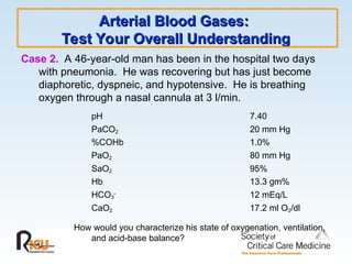 Arterial Blood Gases:
Arterial Blood Gases:
Test Your Overall Understanding
Test Your Overall Understanding
Case 2. A 46-year-old man has been in the hospital two days
with pneumonia. He was recovering but has just become
diaphoretic, dyspneic, and hypotensive. He is breathing
oxygen through a nasal cannula at 3 l/min.
pH 7.40
PaCO2 20 mm Hg
%COHb 1.0%
PaO2 80 mm Hg
SaO2 95%
Hb 13.3 gm%
HCO3
-
12 mEq/L
CaO2 17.2 ml O2/dl
How would you characterize his state of oxygenation, ventilation,
and acid-base balance?
 