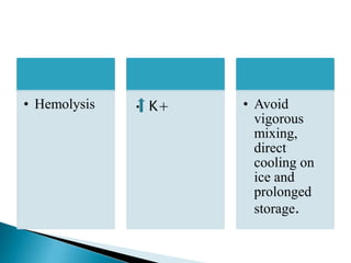 • Hemolysis • K+ • Avoid
vigorous
mixing,
direct
cooling on
ice and
prolonged
storage.
 