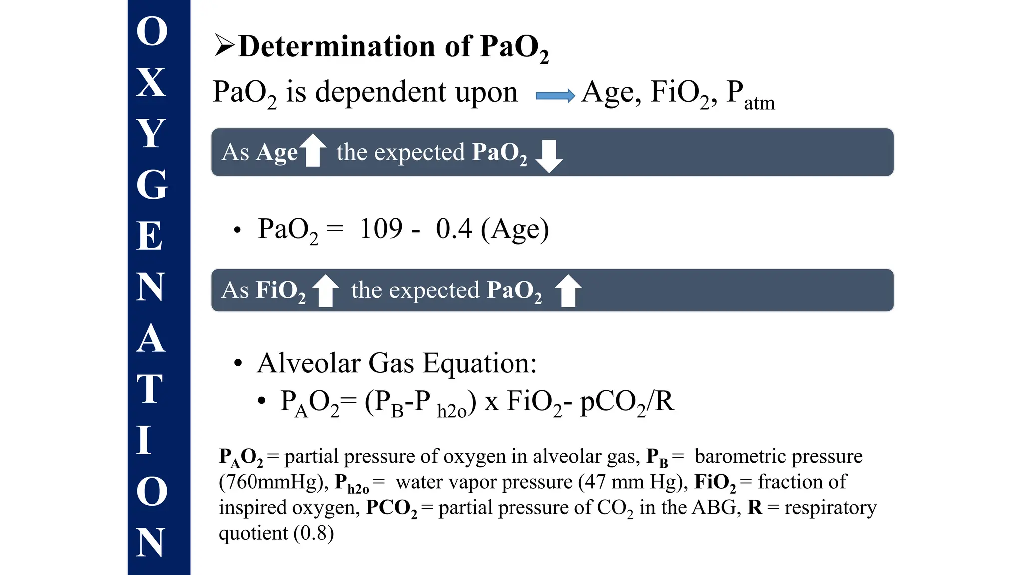 Determination of PaO2
PaO2 is dependent upon Age, FiO2, Patm
As Age the expected PaO2
• PaO2 = 109 - 0.4 (Age)
As FiO2 the expected PaO2
• Alveolar Gas Equation:
• PAO2= (PB-P h2o) x FiO2- pCO2/R
O
X
Y
G
E
N
A
T
I
O
N
PAO2 = partial pressure of oxygen in alveolar gas, PB = barometric pressure
(760mmHg), Ph2o = water vapor pressure (47 mm Hg), FiO2 = fraction of
inspired oxygen, PCO2 = partial pressure of CO2 in the ABG, R = respiratory
quotient (0.8)
 