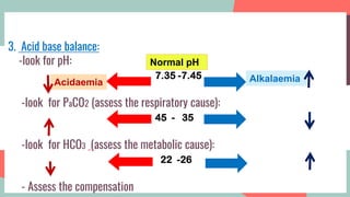 3. Acid base balance:
-look for pH:
7.35 -7.45
-look for PaCO2 (assess the respiratory cause):
45 - 35
-look for HCO3 (assess the metabolic cause):
22 -26
- Assess the compensation
Acidaemia Alkalaemia
Normal pH
 