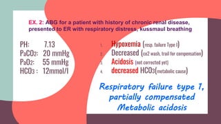 PH: 7.13
PaCO2: 20 mmHg
PaO2: 55 mmHg
HCO3 : 12mmol/l
1. Hypoxemia (resp. failure Type I)
2. Decreased (co2 wash, trail for compensation)
3. Acidosis (not corrected yet)
4. decreased HCO3(metabolic cause)
Respiratory failure type 1,
partially compensated
Metabolic acidosis
EX. 2: ABG for a patient with history of chronic renal disease,
presented to ER with respiratory distress, kussmaul breathing
 