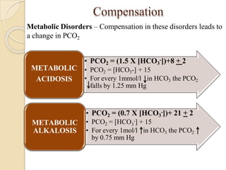 Compensation
• PCO2 = (1.5 X [HCO3
-])+8 + 2
• PCO2 = [HCO3-] + 15
• For every 1mmol/l in HCO3 the PCO2
falls by 1.25 mm Hg
METABOLIC
ACIDOSIS
• PCO2 = (0.7 X [HCO3
-])+ 21 + 2
3
• PCO2 = [HCO -] + 15
• For every 1mol/l in HCO3 the PCO2
by 0.75 mm Hg
METABOLIC
ALKALOSIS
Metabolic Disorders – Compensation in these disorders leads to
a change in PCO2
 