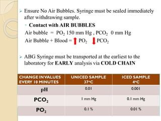  Ensure No Air Bubbles. Syringe must be sealed immediately
after withdrawing sample.
◦ Contact with AIR BUBBLES
Air bubble = PO2 150 mm Hg , PCO2 0 mm Hg
Air Bubble + Blood = PO2 PCO2
 ABG Syringe must be transported at the earliest to the
laboratory for EARLY analysis via COLD CHAIN
 