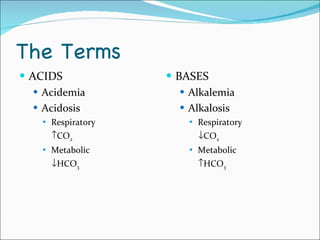 The Terms ACIDS Acidemia Acidosis  Respiratory  CO 2 Metabolic  HCO 3 BASES Alkalemia Alkalosis Respiratory  CO 2 Metabolic  HCO 3 