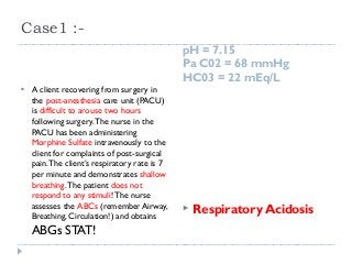 Case1 :- 
pH = 7.15 
Pa C02 = 68 mmHg 
HC03 = 22 mEq/L 
 A client recovering from surgery in 
the post-anesthesia care unit (PACU) 
is difficult to arouse two hours 
following surgery. The nurse in the 
PACU has been administering 
Morphine Sulfate intravenously to the 
client for complaints of post-surgical 
pain. The client’s respiratory rate is 7 
per minute and demonstrates shallow 
breathing. The patient does not 
respond to any stimuli! The nurse 
assesses the ABCs (remember Airway, 
Breathing, Circulation!) and obtains 
ABGs STAT! 
 Respiratory Acidosis 
 