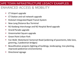 CT Airport upgrade CT Station and rail network upgrade Kickstart Integrated Rapid Transit System New Long Distance Bus Terminal N1 Koeberg Interchange and N2 Hospital Bend upgrade Grand Parade upgrade Greenmarket Square upgrade Green Point Urban Park Fan Walk: Waterkant/ Somerset Road (widening of pavements, bike lane, greening, 2 pedestrian bridges) Beautification projects (lighting of buildings, landscaping, tree planting, improved pedestrian environments) Directional signage ENHANCED ACCESS & MOBILITY CAPE TOWN INFRASTRUCTURE LEGACY EXAMPLES… 