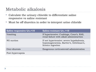 Metabolic alkalosis
 Calculate the urinary chloride to differentiate saline
responsive vs saline resistant
 Must be off diuretics in order to interpret urine chloride
Saline responsive UCL<10 Saline-resistant UCL >10
Vomiting If hypertensive: Cushings, Conn’s, RAS,
renal failure with alkali administartion
NG suction If not hypertensive: severe hypokalemia,
hypomagnesemia, Bartter’s, Gittelman’s,
licorice ingestion
Over-diuresis Exogenous corticosteroid administration
Post-hypercapnia
 