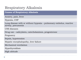 Respiratory Alkalosis
Causes of Respiratory Alkalosis
Anxiety, pain, fever
Hypoxia, CHF
Lung disease with or without hypoxia – pulmonary embolus, reactive
airway, pneumonia
CNS diseases
Drug use – salicylates, catecholamines, progesterone
Pregnancy
Sepsis, hypotension
Hepatic encephalopathy, liver failure
Mechanical ventilation
Hypothyroidism
High altitude
 