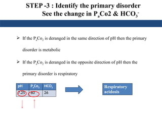STEP -3 : Identify the primary disorder
See the change in PaCo2 & HCO3
-
 If the PaCo2 is deranged in the same direction of pH then the primary
disorder is metabolic
 If the PaCo2 is deranged in the opposite direction of pH then the
primary disorder is respiratory
pH PaCo2 HCO3
7.25 60 26
Respiratory
acidosis
 