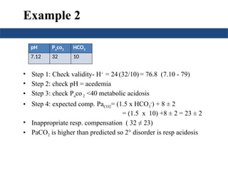 Example 2
• Step 1: Check validity- H+
= 24 (32/10) = 76.8 (7.10 - 79)
• Step 2: check pH = acedemia
• Step 3: check Paco2 <40 metabolic acidosis
• Step 4: expected comp. PaCO2= (1.5 x HCO3
-
) + 8 ± 2
= (1.5 x 10) +8 ± 2 = 23 ± 2
• Inappropriate resp. compensation ( 32 ≠ 23)
• PaCO2 is higher than predicted so 2° disorder is resp acidosis
pH Paco2 HCO3
7.12 32 10
 