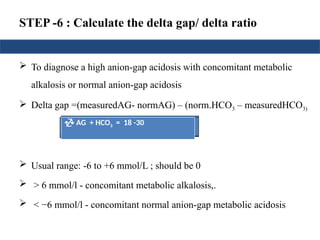 STEP -6 : Calculate the delta gap/ delta ratio
 To diagnose a high anion-gap acidosis with concomitant metabolic
alkalosis or normal anion-gap acidosis
 Delta gap =(measuredAG- normAG) – (norm.HCO3 – measuredHCO3)
= ( AG) - ( HCO3
-
)
 Usual range: -6 to +6 mmol/L ; should be 0
 > 6 mmol/l - concomitant metabolic alkalosis,.
 < −6 mmol/l - concomitant normal anion-gap metabolic acidosis
Delta gap= ( AG) - (24 –
measuredHCO3)
±6 = ( AG) - 24 + HCO3)
±6 +24 = ( AG) + HCO3)
 AG + HCO3 = 18 -30
 
