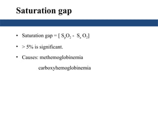 Saturation gap
• Saturation gap = [ SpO2 - Sa O2]
• > 5% is significant.
• Causes: methemoglobinemia
carboxyhemoglobinemia
 