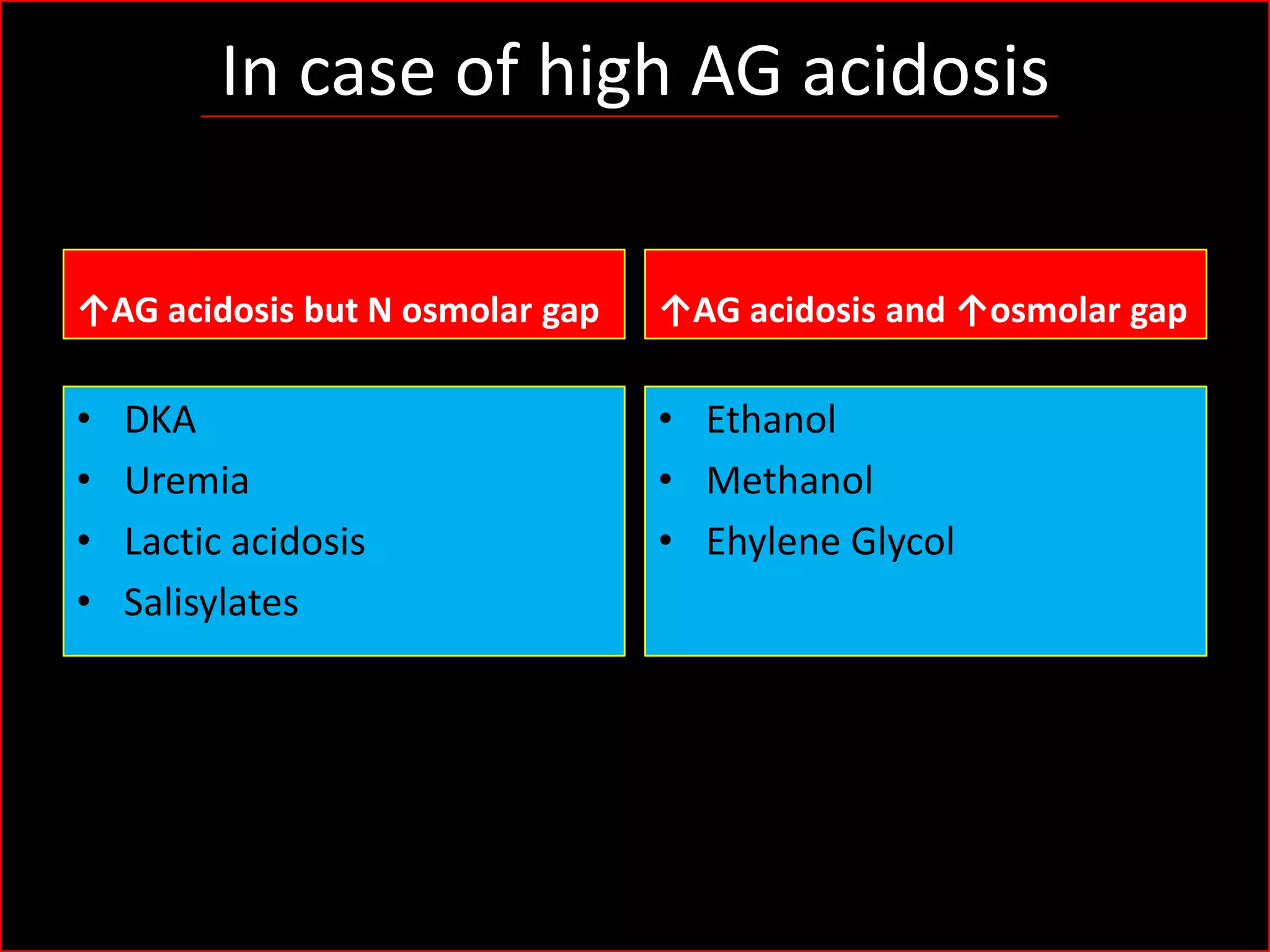 In case of high AG acidosis
↑AG acidosis but N osmolar gap

↑AG acidosis and ↑osmolar gap

•
•
•
•

• Ethanol
• Methanol
• Ehylene Glycol

DKA
Uremia
Lactic acidosis
Salisylates

 