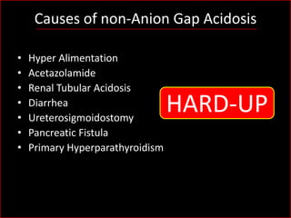 Causes of non-Anion Gap Acidosis
•
•
•
•
•
•
•

Hyper Alimentation
Acetazolamide
Renal Tubular Acidosis
Diarrhea
Ureterosigmoidostomy
Pancreatic Fistula
Primary Hyperparathyroidism

HARD-UP

 