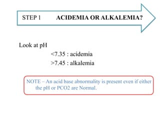 Look at pH
<7.35 : acidemia
>7.45 : alkalemia
NOTE – An acid base abnormality is present even if either
the pH or PCO2 are Normal.
ACIDEMIA OR ALKALEMIA?STEP 1
 
