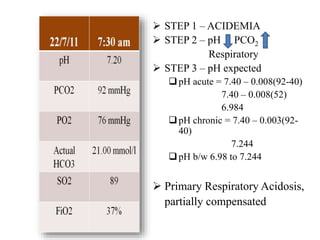  STEP 1 – ACIDEMIA
 STEP 2 – pH PCO2
Respiratory
 STEP 3 – pH expected
pH acute = 7.40 – 0.008(92-40)
7.40 – 0.008(52)
6.984
pH chronic = 7.40 – 0.003(92-
40)
7.244
pH b/w 6.98 to 7.244
 Primary Respiratory Acidosis,
partially compensated
 