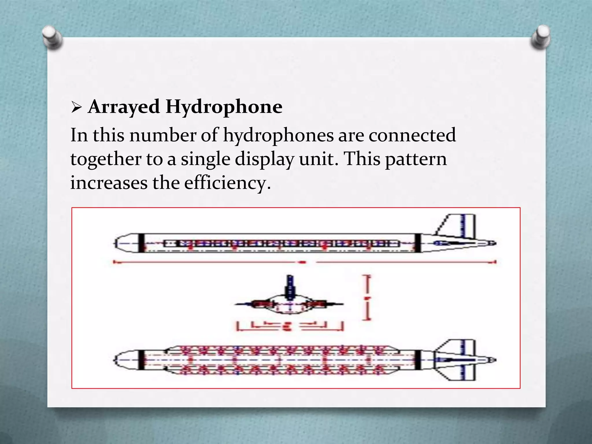  Arrayed Hydrophone
In this number of hydrophones are connected
together to a single display unit. This pattern
increases the efficiency.
 