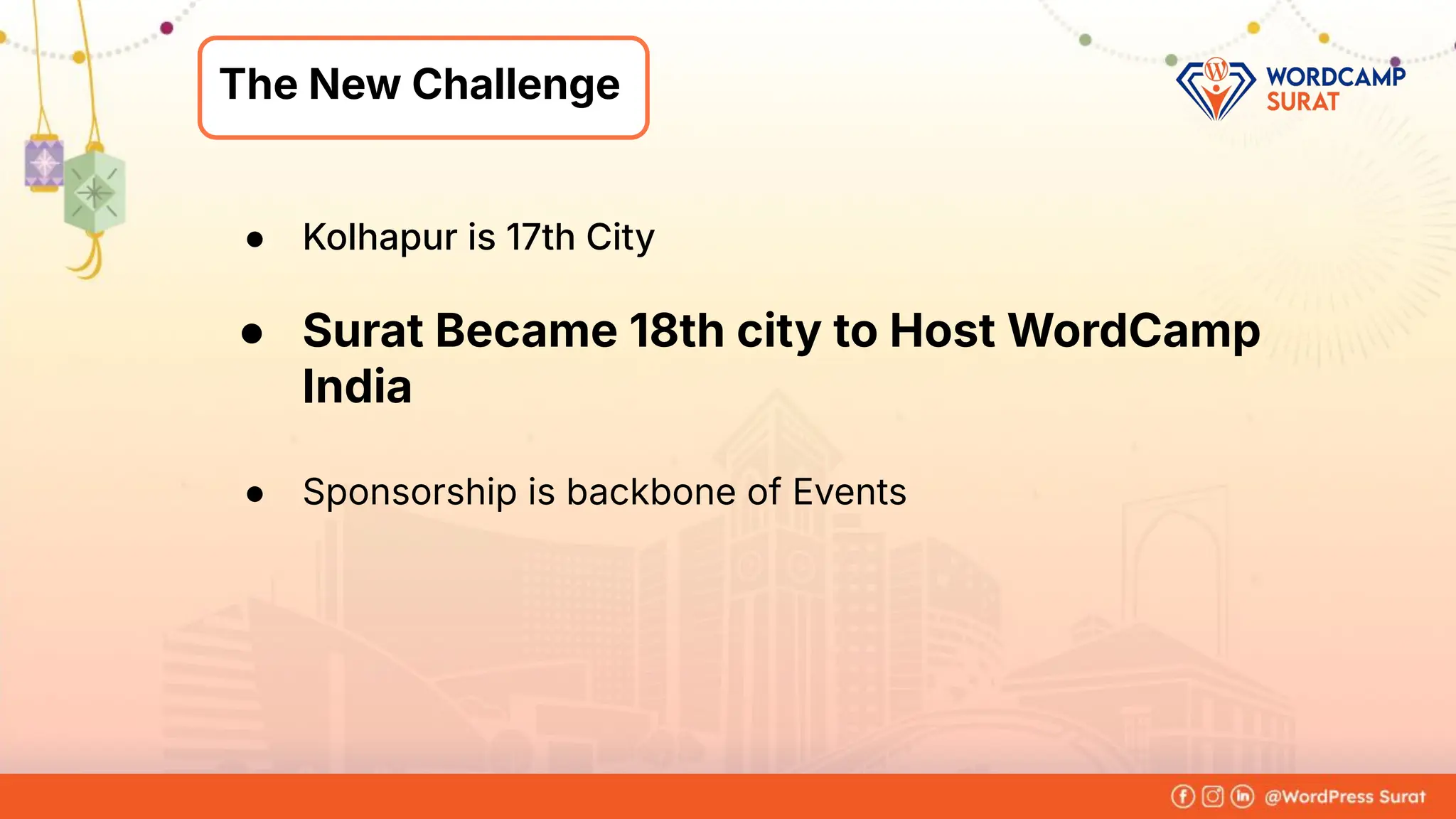 Foram Kansagra
➔ Having 15+ years of experience in
the IT industry.
➔ From a software developer to the
founder of Zluck Solutions
➔ Co-Organiser at WordPress Surat
Community
About Me
The New Challenge
● Kolhapur is 17th City
● Surat Became 18th city to Host WordCamp
India
● Sponsorship is backbone of Events
 