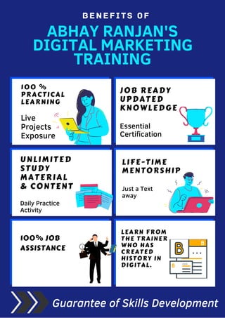 LEARN FROM
THE TRAINER
WHO HAS
CREATED
HISTORY IN
DIGITAL.
Daily Practice
Activity
UNLIMITED
STUDY

MATERIAL
& CONTENT
100% JOB
ASSISTANCE
ABHAY RANJAN'S
DIGITAL MARKETING
TRAINING
BENEFITS OF
Live

Projects
Exposure
100 %

PRACTICAL

LEARNING
Just a Text
away
LIFE-TIME
MENTORSHIP
Essential
Certification
JOB READY
UPDATED
KNOWLEDGE
Guarantee of Skills Development
 