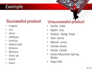 Example
Successful product
• Colgate
• Lux
• Amul
• Lifebuoy
• Horlicks
• Dettol India
• Britania
• Reliance
• Close up
• Airtel
• Pulse
Unsuccessful product
• Vanila Coke
• Apple Lisa
• Godrej Gang Soap
• Tata sierra
• Maruti versa
• Honda street
• Onida Candy
• Coors Mountain Spring
Water
• Pepsi AM
 