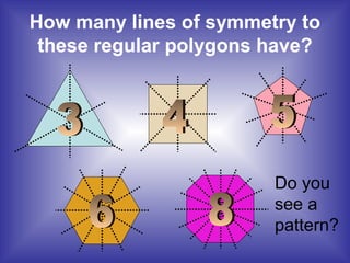 How many lines of symmetry to
these regular polygons have?
Do you
see a
pattern?
 