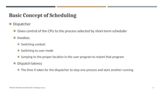 Basic Concept of Scheduling
"PROCESS AND PROCESS SCHEDULING" BY Bhargavi Varala 17
◾ Dispatcher
◾ Gives control of the CPU to the process selected by short-term scheduler
◾ Involves
◾ Switching context
◾ Switching to user mode
◾ Jumping to the proper location in the user program to restart that program
◾ Dispatch latency
◾ The time it takes for the dispatcher to stop one process and start another running
 