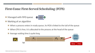 First-Come First-Served Scheduling (FCFS)
◾ Managed with FIFO queue
◾ Working of an algorithm
◾ When a process enters in ready queue, its PCB is linked to the tail of the queue
◾ When CPU is free, it is allocated to the process at the head of the queue
◾ Average waiting time is quite long
𝑷𝒙 . . . . . . . . . . . . . . . 𝑷𝒃 𝑷𝒂
𝑷𝒃
Busy Free
Tail
"PROCESS AND PROCESS SCHEDULING" BY Bhargavi Varala 22
 