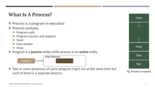 What Is A Process?
◾ Process is a program in execution
◾ Process contains
◾ Program code
◾ Program counter and registers
◾ Stack
◾ Data section
◾ Heap
Stack
Heap
Data
Text
Fig. Process in memory
◾ Program is a passive entity while process is an active entity.
Main Memory
Program Process
◾ Two or more processes of same program might run at the same time but
each of them is a separate process.
"PROCESS AND PROCESS SCHEDULING" BY Bhargavi Varala 4
 