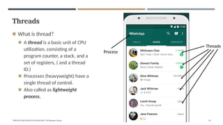 Threads
◾ What is thread?
◾ A thread is a basic unit of CPU
utilization, consisting of a
program counter, a stack, and a
set of registers, ( and a thread
ID.)
◾ Processes (heavyweight) have a
single thread of control.
◾ Also called as lightweight
process.
Process
Threads
"PROCESS AND PROCESS SCHEDULING" BY Bhargavi Varala 49
 