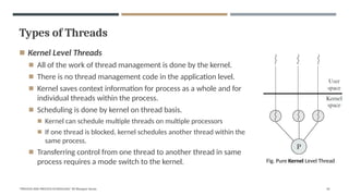 Types of Threads
◾ Kernel Level Threads
◾ All of the work of thread management is done by the kernel.
◾ There is no thread management code in the application level.
◾ Kernel saves context information for process as a whole and for
individual threads within the process.
◾ Scheduling is done by kernel on thread basis.
◾ Kernel can schedule multiple threads on multiple processors
◾ If one thread is blocked, kernel schedules another thread within the
same process.
◾ Transferring control from one thread to another thread in same
process requires a mode switch to the kernel. Fig. Pure Kernel Level Thread
"PROCESS AND PROCESS SCHEDULING" BY Bhargavi Varala 56
 