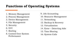 Functions of Operating Systems
1. Memory Management
2. Process Management
3. Device Management
4. File Management
5. Security
6. GUI
7. Booting
8. Control Over System
Performance
9. Job Accounting
10. Resource Management
11. Networking
12. Backup & Recovery
13. Virtualization
14. Error – Detecting Aids
15. Time Sharing
16. System Calls
 