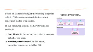 Before an understanding of the working of system
calls in OS let us understand the important
concept of modes of operation.
In our computer system, we have two modes
available.
1. User Mode: In this mode, execution is done on
behalf of the user.
2. Monitor/Kernel-Mode: In this mode,
execution is done on behalf of OS.
 