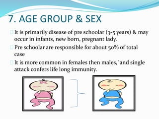 7. AGE GROUP & SEX
It is primarily disease of pre schoolar (3-5 years) & may
occur in infants, new born, pregnant lady.
Pre schoolar are responsible for about 50% of total
case
It is more common in females then males,`and single
attack confers life long immunity.
 