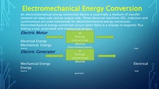 Electromechanical Energy Conversion
An electromechanical energy conversion device is essentially a medium of transfer
between an input side and an output side. Three electrical machines (DC, induction and
synchronous) are used extensively for electromechanical energy conversion.
Electromechanical energy conversion occurs when there is a change in magnetic flux
linking a coil, associated with mechanical motion.
Electric Motor
Electrical Energy
Mechanical Energy
Source load
Electric Generator motor
Mechanical Energy Electrical
Energy
Source load
generator
 