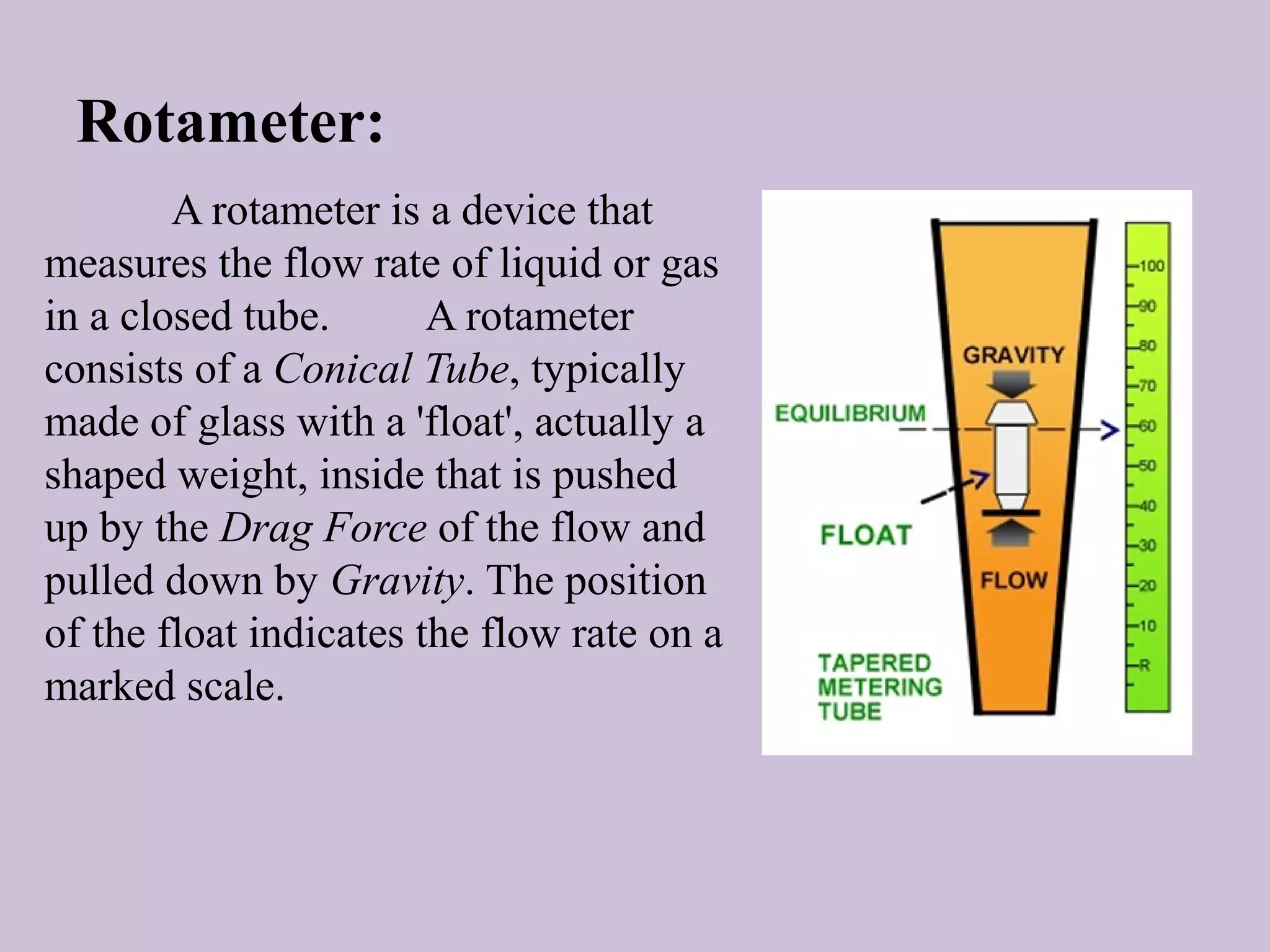 Rotameter: 
A rotameter is a device that 
measures the flow rate of liquid or gas 
in a closed tube. A rotameter 
consists of a Conical Tube, typically 
made of glass with a 'float', actually a 
shaped weight, inside that is pushed 
up by the Drag Force of the flow and 
pulled down by Gravity. The position 
of the float indicates the flow rate on a 
marked scale. 
 