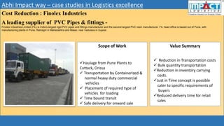 Abhi Impact way – case studies in Logistics excellence
Cost Reduction : Finolex Industries
A leading supplier of PVC Pipes & fittings -
Finolex Industries Limited (FIL) is India’s largest rigid PVC pipes and fittings manufacturer and the second largest PVC resin manufacturer. FIL head office is based out of Pune, with
manufacturing plants in Pune, Ratnagiri in Maharashtra and Masar, near Vadodara in Gujarat.
Scope of Work Value Summary
Haulage from Pune Plants to
Cuttack, Orissa
 Transportation by Containerized &
normal heavy duty commercial
vehicles
 Placement of required type of
vehicles for loading
 Time bound transit
 Safe delivery for onward sale
 Reduction in Transportation costs
 Bulk quantity transportation
Reduction in inventory carrying
costs.
Just in Time concept is possible
cater to specific requirements of
buyers
Reduced delivery time for retail
sales
 