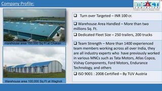 Company Profile:
 Turn over Targeted – INR 100 cr.
 Warehouse Area Handled – More than two
millions Sq. Ft.
 Dedicated Fleet Size – 250 trailers, 200 trucks
 Team Strength – More than 1400 experienced
team members working across all over India, they
are all industry experts who have previously worked
in various MNCs such as Tata Motors, Atlas Copco,
Vishay Components, Ford Motors, Endurance
Technology, and others
 ISO 9001 : 2008 Certified – By TUV Austria
Warehouse area 150,000 Sq Ft at Chakan
Warehouse area 100,000 Sq Ft at Wagholi
 