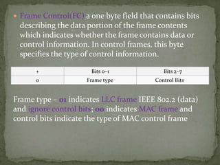  Frame Control(FC) a one byte field that contains bits
 describing the data portion of the frame contents
 which indicates whether the frame contains data or
 control information. In control frames, this byte
 specifies the type of control information.

      +                Bits 0–1              Bits 2–7
      0              Frame type           Control Bits


Frame type – 01 indicates LLC frame IEEE 802.2 (data)
and ignore control bits; 00 indicates MAC frame and
control bits indicate the type of MAC control frame
 