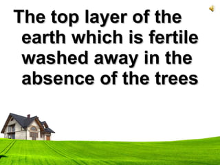 The top layer of theThe top layer of the
earth which is fertileearth which is fertile
washed away in thewashed away in the
absence of the treesabsence of the trees
 