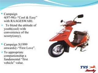 Campaign 4(97-98):-“Cool & Easy” with RAAGESWARI. To blend the attitude of youth(cool) with convenience of the scooty(easy). Campaign 5(1999 onwards):-“First Love”. To appropriate companionship a fundamental “first vehicle” value. 